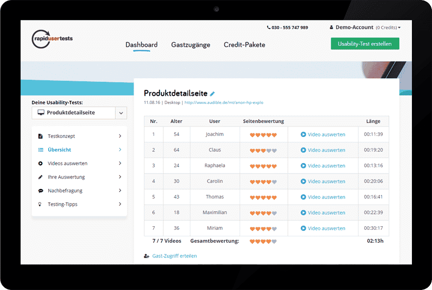 Remote Usability Tests Tool Screenshot