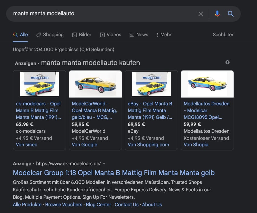 Commercial Queries (Suchintentionen) "Manta Manta Modellauto"