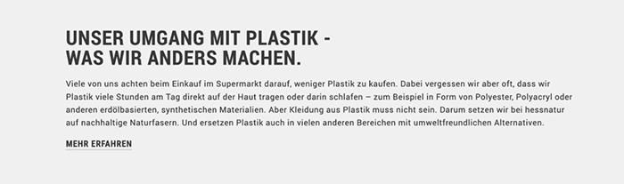 Passend zum UX-Trend Sustainability kommuniziert Hessnatur ihren Umgang mit Plastik auf ihrer Website