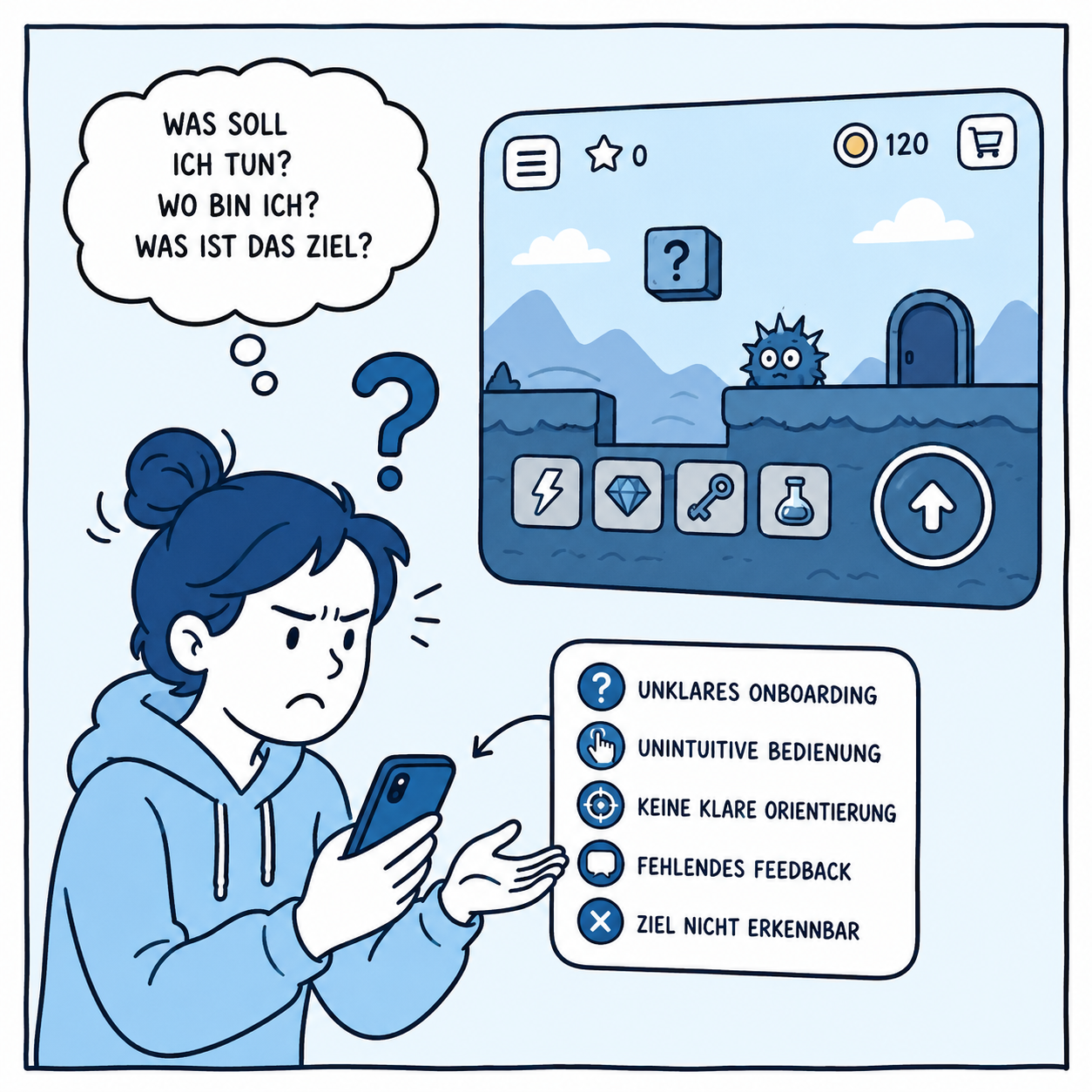 Cartoon, in dem eine junge Frau an der Game UX eines Smartphone-Spiels scheitert: In einer Denkblase steht: „Was soll ich tun? Wo bin ich? Was ist das Ziel?". Gründe, die dafür aufgeführt werden: unklares Onboarding, unintuitive Bedienung, keine klare Orientierung, fehlendes Feedback, Ziel nicht erkennbar.
