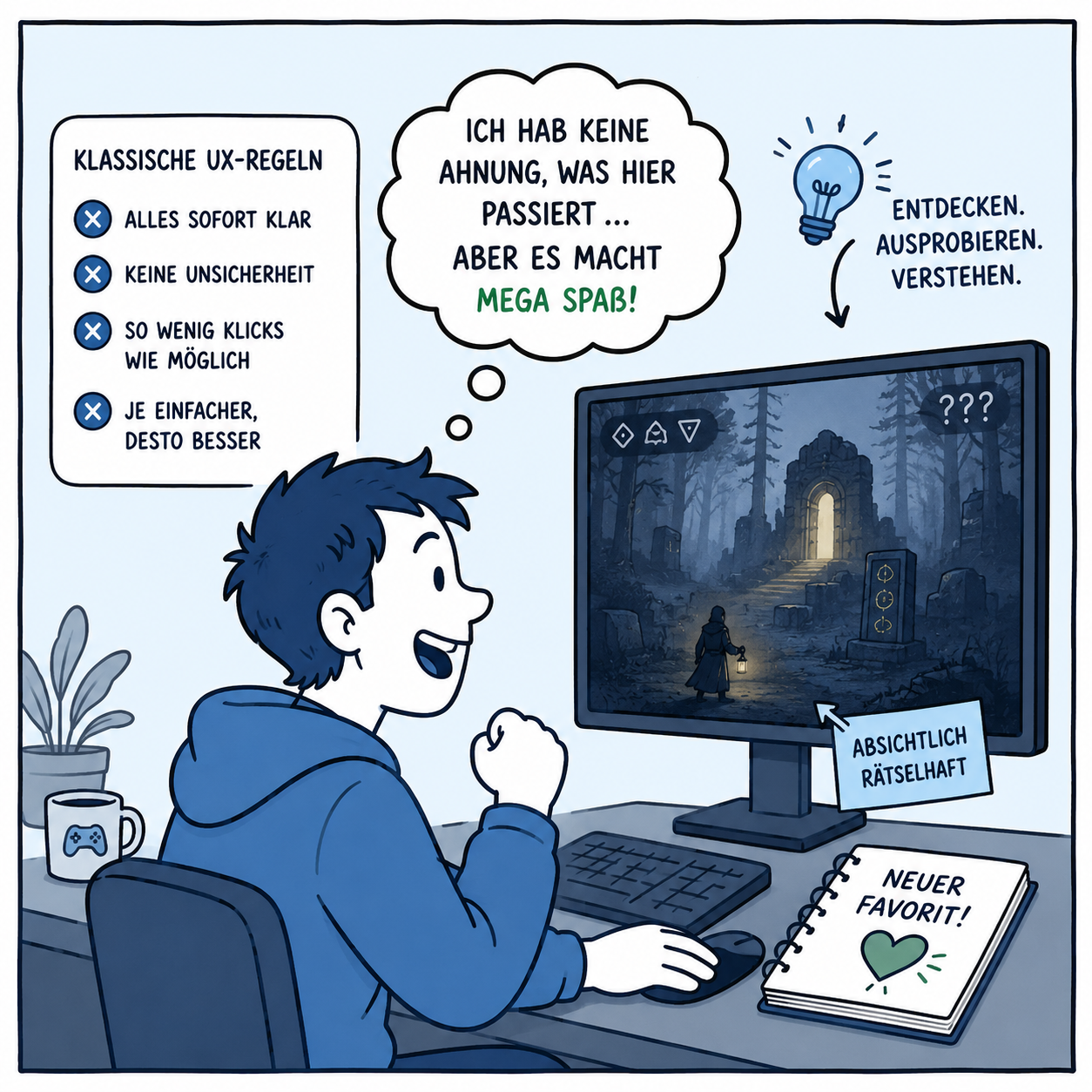 Ein Junge sitzt am Computer und spielt ein Spiel, das offensichtlich eine gute Game UX hat. In einer Denkblase steht "Ich hab keine Ahnung, was hier passiert ... aber es macht mega Spaß!" Vermutlich bricht das Spiel einige der klassischen UX-Regeln, z.B. "alles ist sofort klar", "keine Unsicherheit", "so wenig Klicks wie möglich", "je einfacher desto besser".