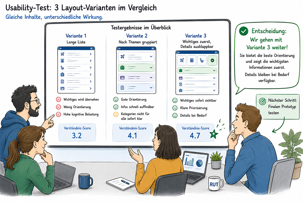 Cartoon über Layout-Tests: Vier fröhliche Menschen sitzen an einem Konferenztisch. Vor ihnen ist ein großer Bildschirm mit allen drei Layout-Varianten dargestellt und jeweils eine kurze Zusammenfassung, wie sie in den Tests abgeschnitten haben. In einer Sprechblase steht: "Entscheidung: Wir gehen mit Variante 3 weiter! Sie bietet die beste Orientierung und zeigt die wichtigsten Informationen zuerst."