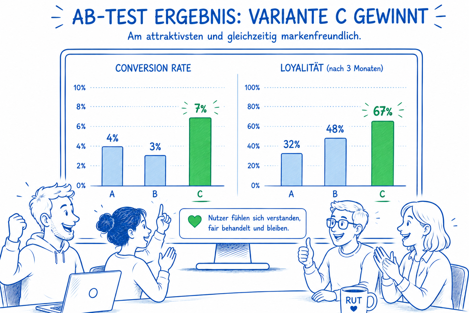 Cartoon: Ein vierköpfiges Team sitzt vor einem Bildschirm, auf dem in Diagramm-Form das Ergebnis eines A/B-Tests angezeigt wird. Die Überschrift lautet: "AB-Test Ergebnis: Variante C gewinnt – am attraktivsten und gleichzeitig markenfreundlich"