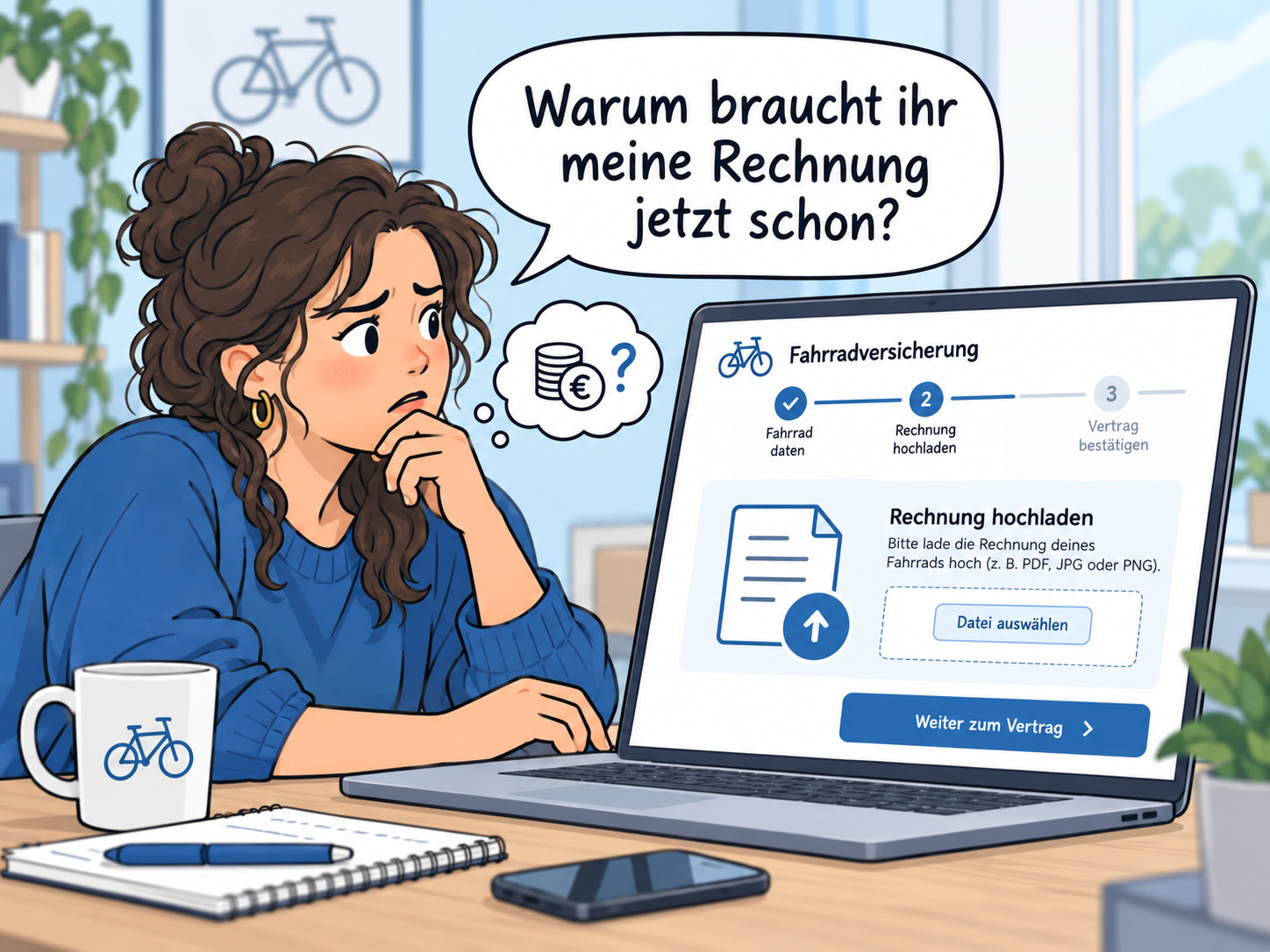 Eine Frau sitzt am Laptop, auf dem der Funnel einer Fahrradversicherung zu sehen ist. In einer Sprechblase steht: "Warum braucht ihr meine Rechnung jetzt schon?"