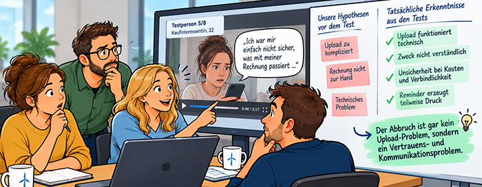 Das Team sitzt wieder in einem Meeting zusammen. Auf einem Fernseher läuft gerade ein Usability-Test. Die Testperson sagt: "Ich war mir einfach nicht sicher, was mit meiner Rechnung passiert..." Auf einem Whiteboard steht "Der Abbruch ist gar kein Upload-Problem, sondern ein Vertrauens- und Kommunikationsproblem."