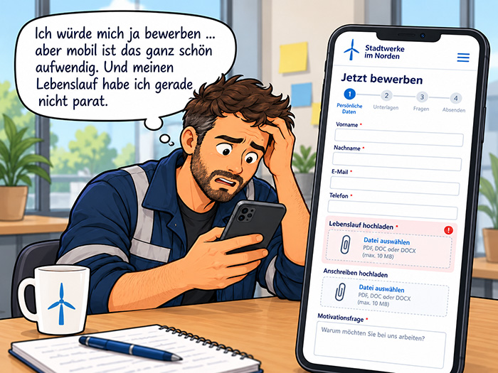 Ein Techniker schaut frustriert auf sein Smarphone auf dem das Bewerbungsformular einer Stadtwerke-Website zu sehen ist. In seiner Denkblase steht: "Ich würde mich ja bewerben, aber mobil ist das ganz schön aufwendig."