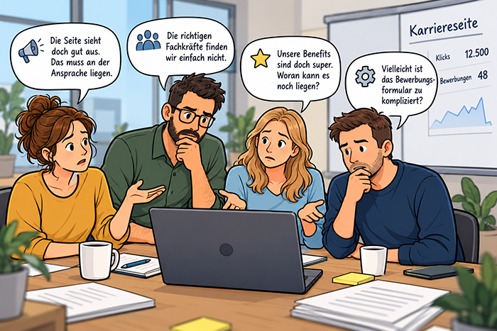 Vier Menschen sitzen mit ratlosen und frustrierten Gesichtsausdrücken vor einem Laptop. Alle haben jeweils eine Sprechblase mit Aussagen wie "Die Seite sieht doch gut aus. Es muss an der Ansprache liegen.", "Unsere Benefits sind doch super.", "Vielleicht ist das Bewerbungsformular zu kompliziert?".