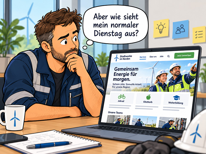 Ein Techniker sitzt vor der Karriereseite einer Stadtwerke-Website. In einer Denkblase steht: "Aber wie sieht mein normaler Dienstag aus?"
