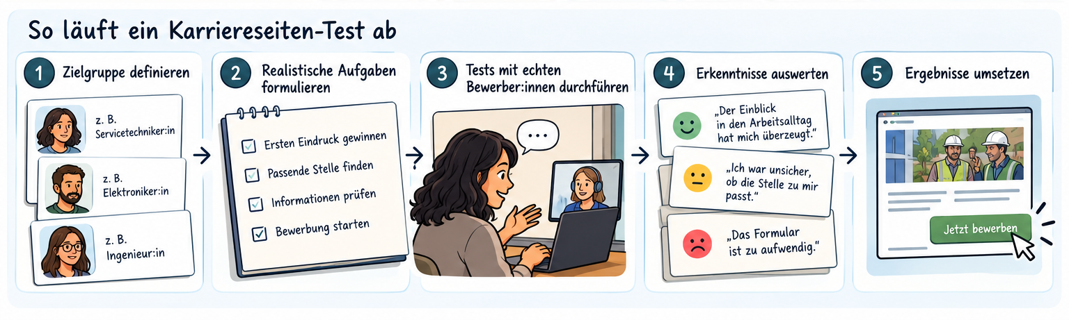 Ablauf eines Karriereseiten-Tests: Zielgruppe definieren, realistische Aufgaben formulieren, Tests mit echten Bewerber:innen durchführen, Erkenntnisse auswerten, Ergebnisse umsetzen.