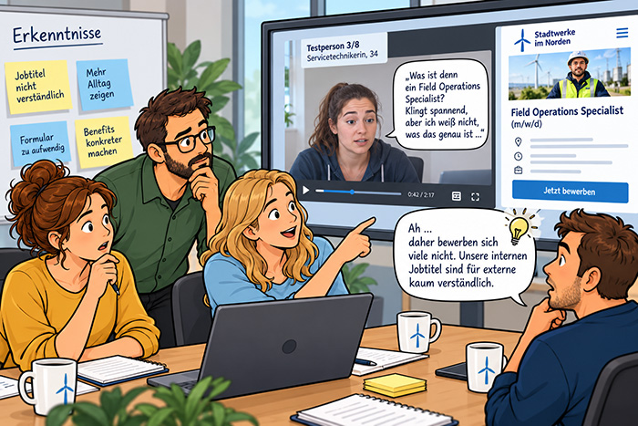 Das Team sitzt jetzt in einem Workshop, in dem es ein Video aus einem Usability-Test anschaut. Die Testerin sagt dort gerade: "Was ist denn ein Field Operations Specialist?" – Eines der Teammitglieder sagt daraufhin "Daher bewerben sie sich nicht. Unsere internen Jobtitel sind für sie kaum verständlich."