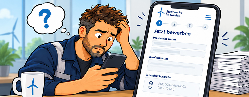 Verwirrter Techniker bei der Job-Bewerbung am Smartphone